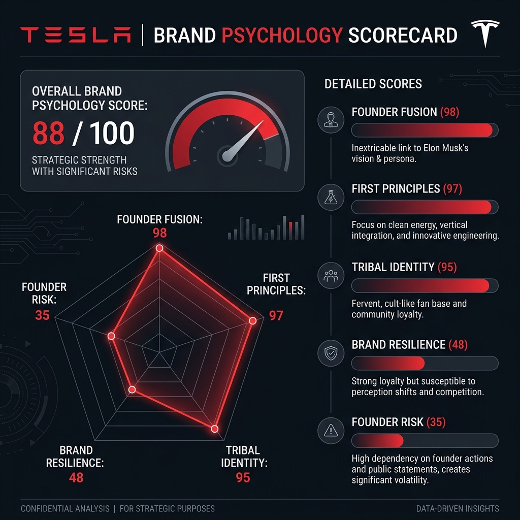 Tesla psychology scorecard showing 88 out of 100 with elite founder-brand fusion and tribal identity scores offset by severe brand-risk ratings