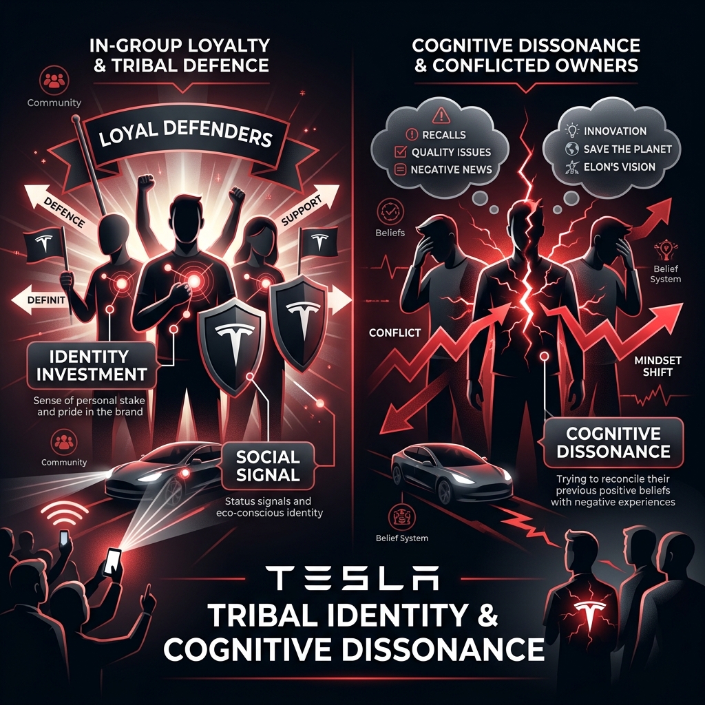 Tesla tribal identity psychology showing in-group loyalty, identity investment, and cognitive dissonance among Tesla owners