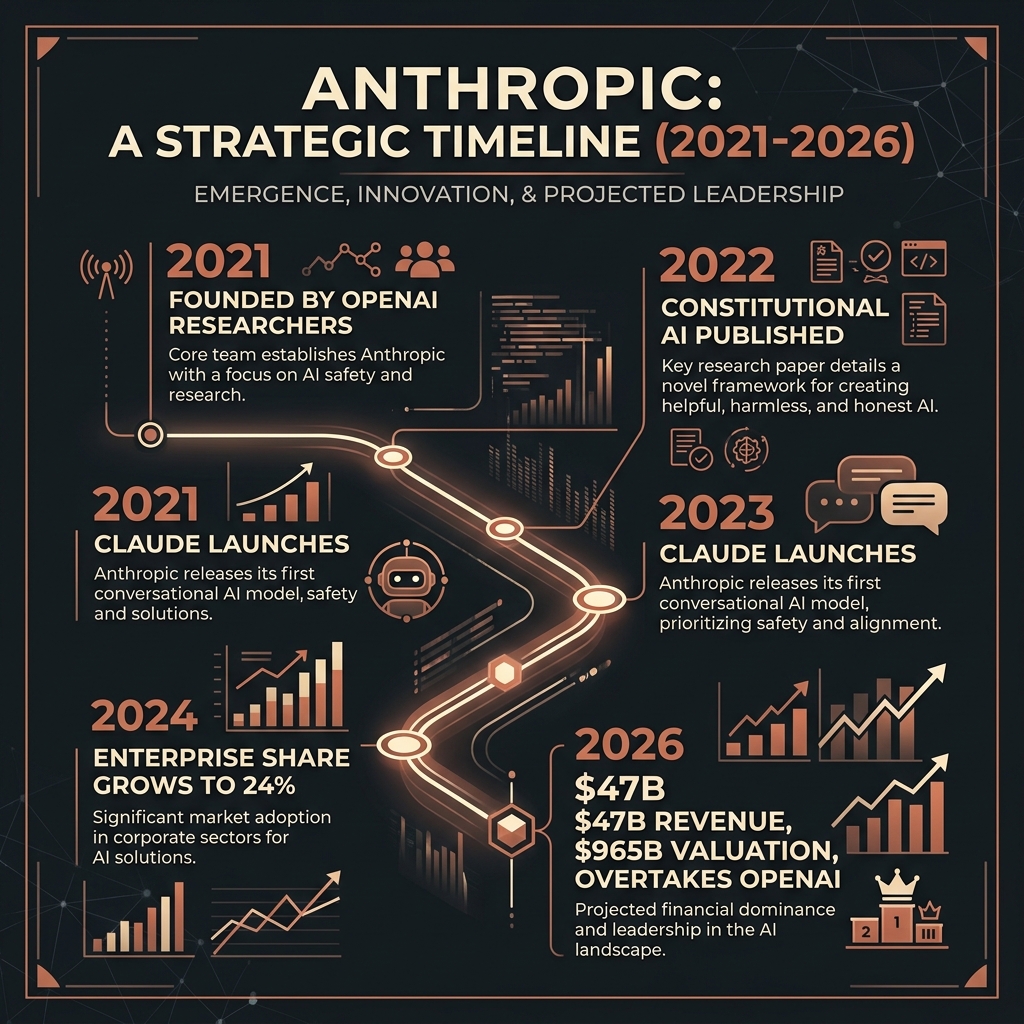 Anthropic timeline from the 2021 founding by former OpenAI researchers to overtaking OpenAI in enterprise revenue by 2026