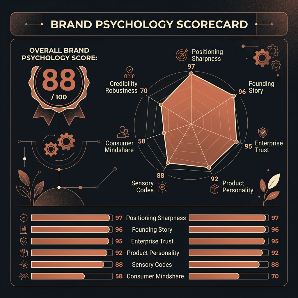 Anthropic psychology scorecard showing 88 out of 100 with elite trust positioning and weak consumer mindshare