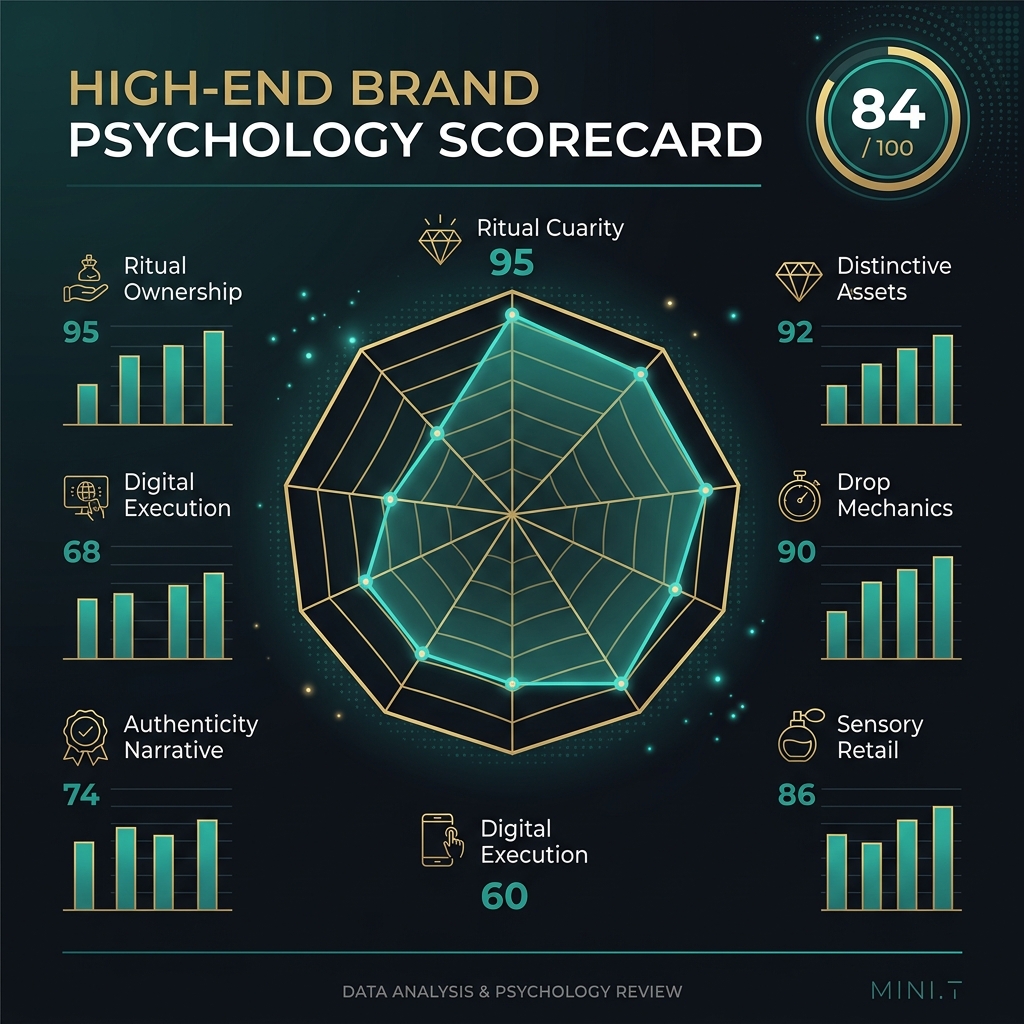 Khaadi psychology scorecard showing 84 out of 100 with strong distinctiveness and weak pricing power