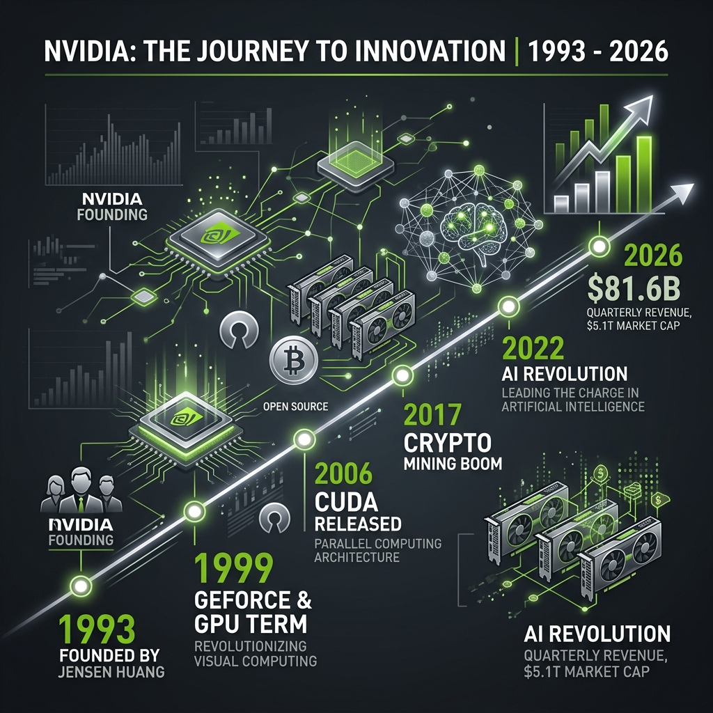Nvidia timeline from the 1993 founding through GeForce, CUDA, crypto and the AI boom to 2026