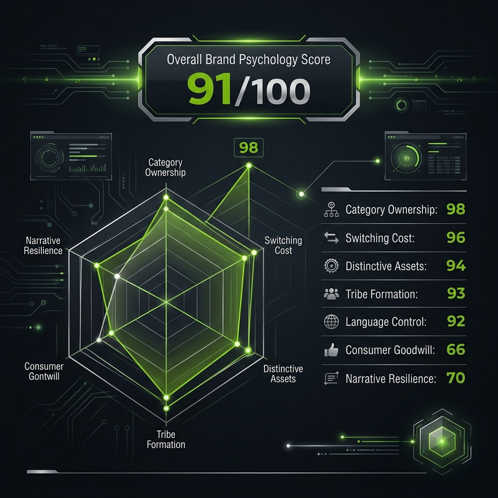 Nvidia psychology scorecard showing 91 out of 100 with elite category ownership and narrative risk