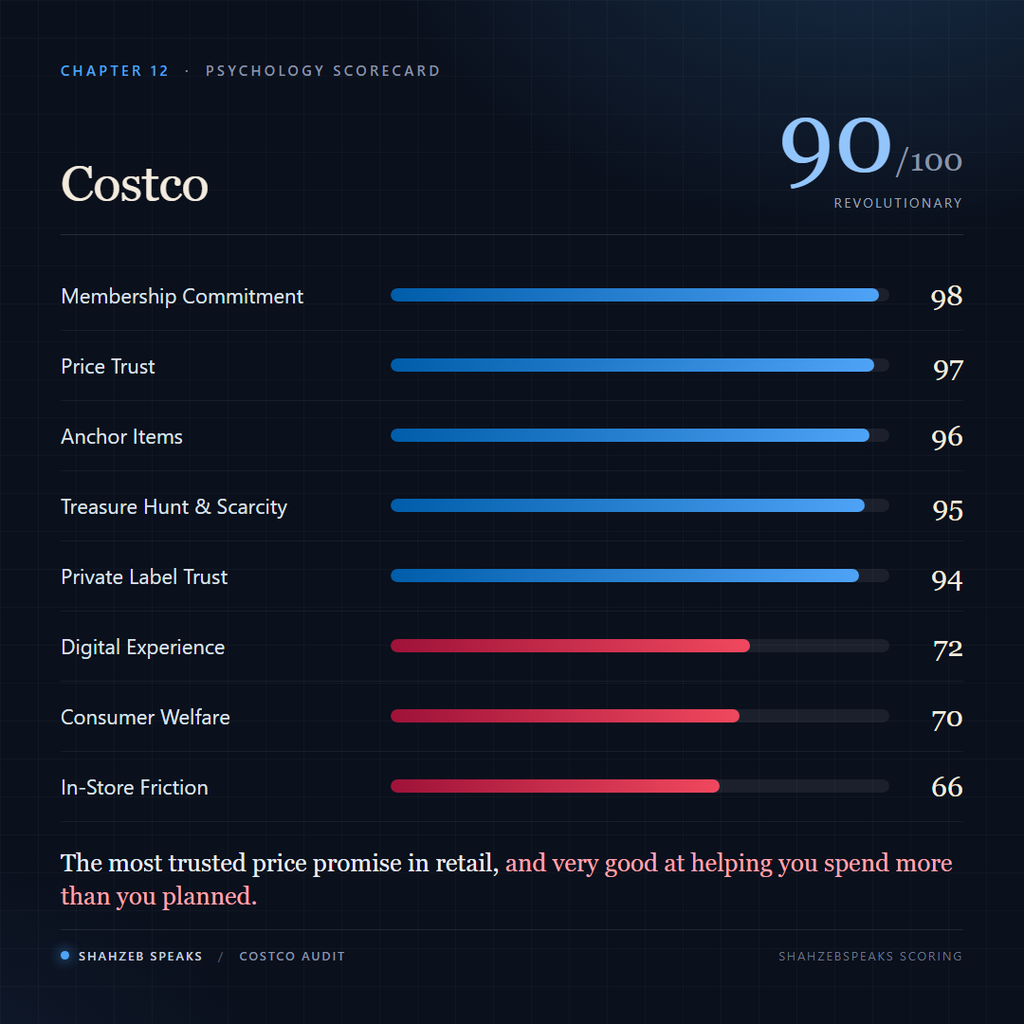 Costco psychology scorecard showing 90 out of 100, with elite membership commitment and price trust and weaker in-store friction and consumer welfare