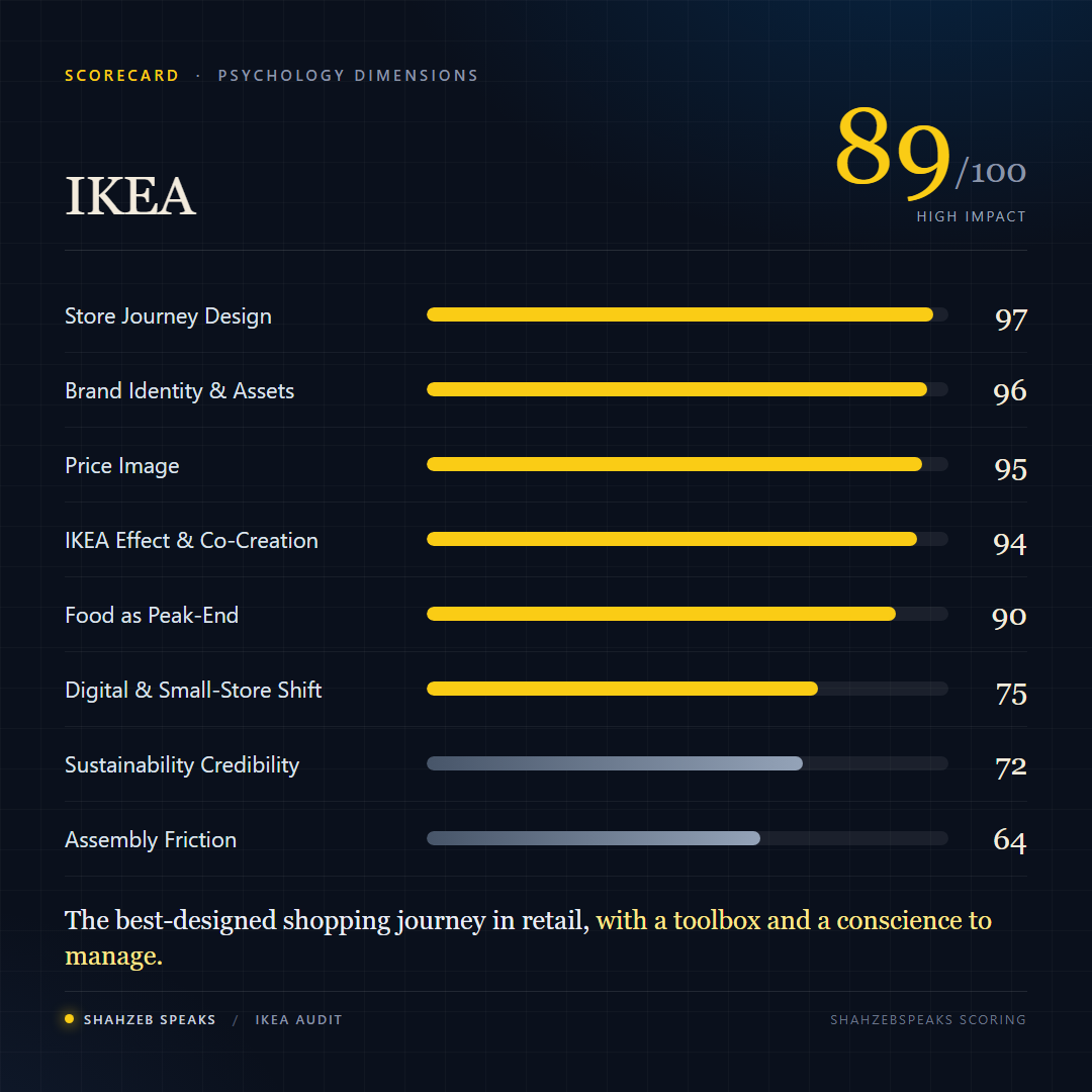 IKEA psychology scorecard showing 89 out of 100, strongest on store journey design and brand identity, weaker on assembly friction and sustainability credibility