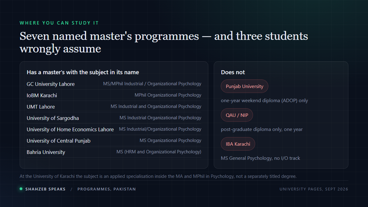 Seven Pakistani universities offer a named MS or MPhil in industrial or organizational psychology, while three well-known institutions offer only a one-year diploma or no such programme at all