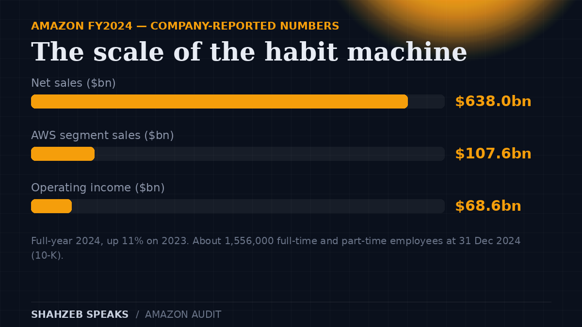 Amazon FY2024 company-reported numbers: $638.0 billion net sales, $107.6 billion AWS sales, $68.6 billion operating income, about 1,556,000 employees — psychology audit score 84 out of 100.