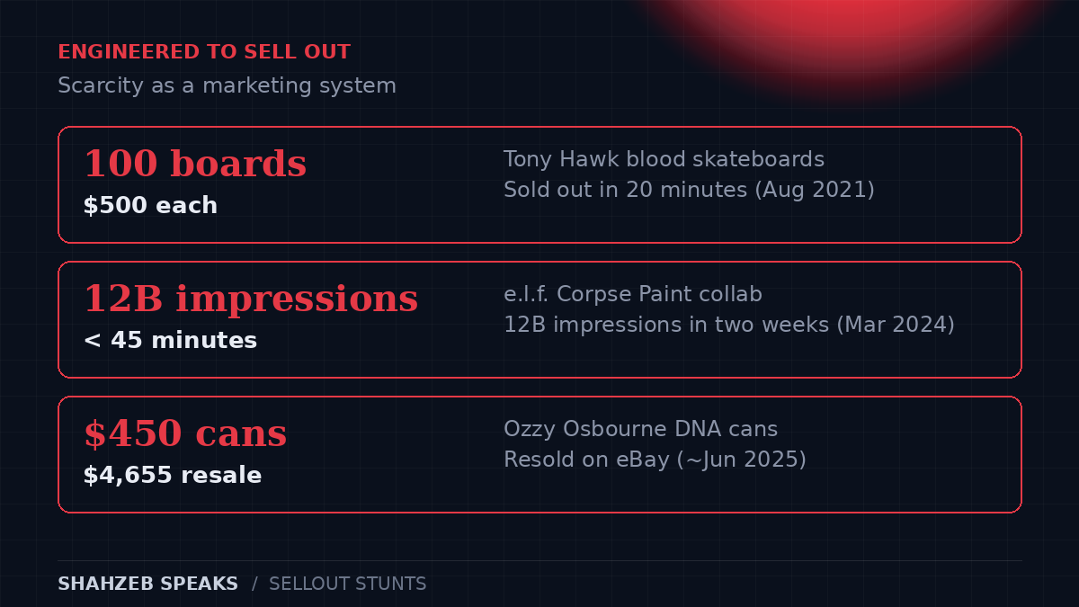 Liquid Death's sellout stunts: 100 Tony Hawk blood skateboards at $500 selling out in 20 minutes, the e.l.f. Corpse Paint collab with 12 billion impressions in two weeks selling out in under 45 minutes, and Ozzy Osbourne DNA cans at $450 reselling for $4,655