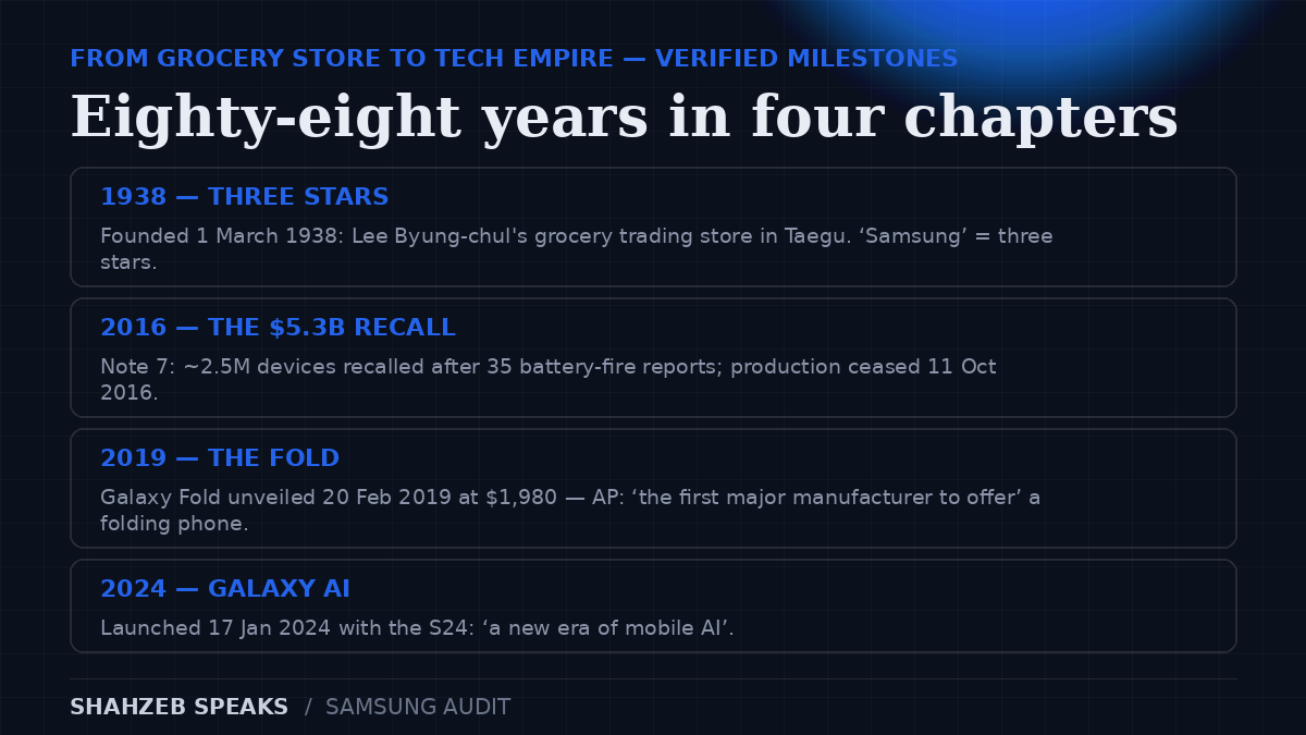 Samsung history timeline: founded 1 March 1938 as a grocery store in Taegu, the 2016 Galaxy Note 7 recall, the Galaxy Fold unveiled 20 February 2019, and Galaxy AI launched 17 January 2024.