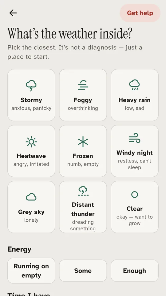 Choosing the weather inside — stormy, foggy, heavy rain — plus energy and time