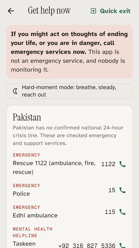 Help numbers screen with emergency and crisis lines for Pakistan