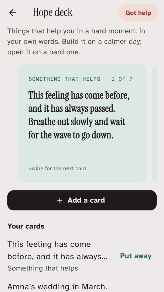 Hope deck card: “This feeling has come before, and it has always passed”