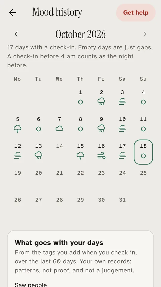 Mood history calendar showing a month of check-ins as weather