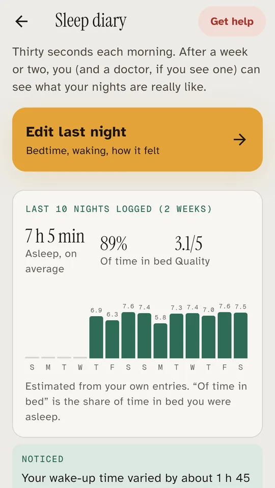 Sleep diary with two weeks of nights and a gentle summary